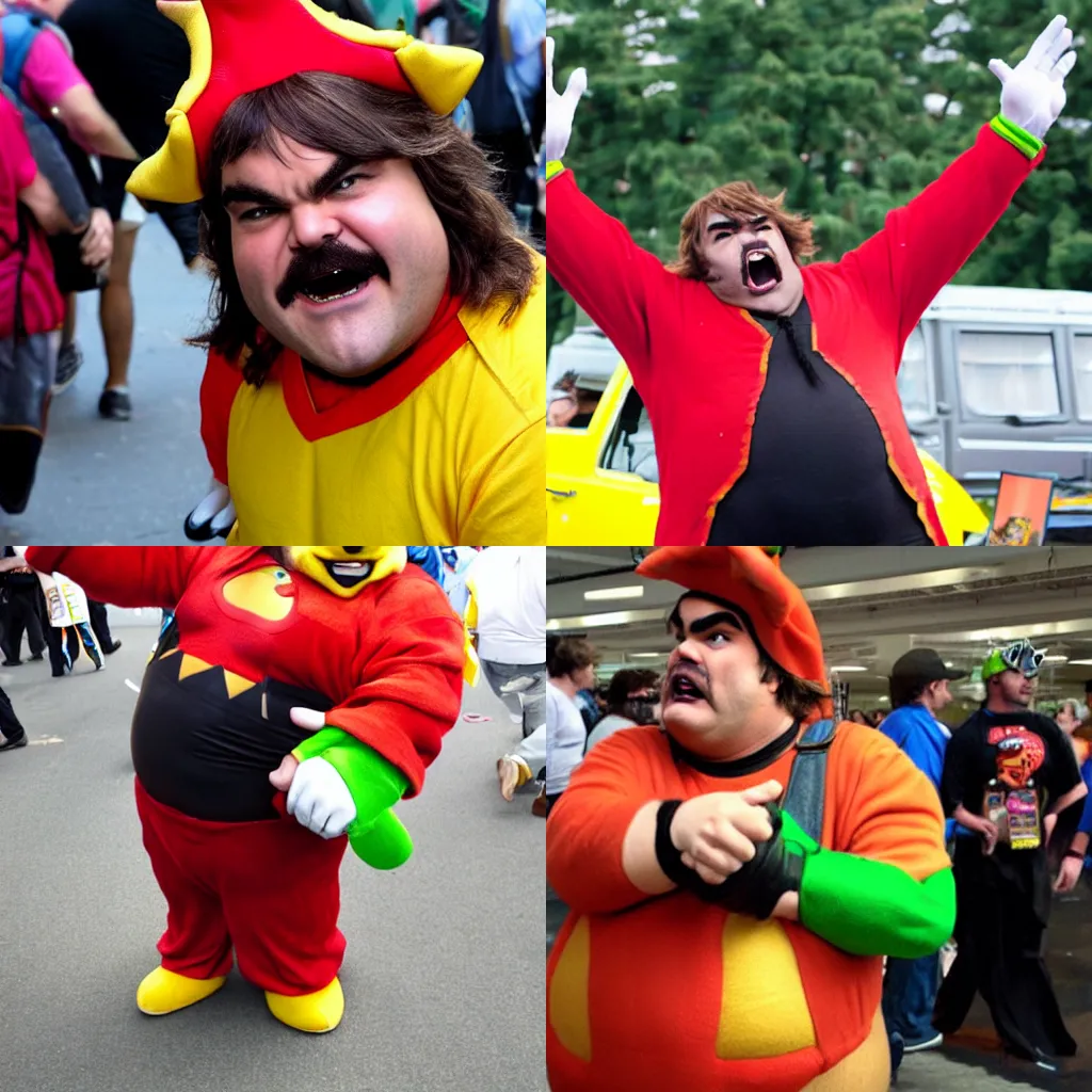 Prompt: Jack Black cosplays as Bowser from Super Mario Bros at a comic convention, candid photograph