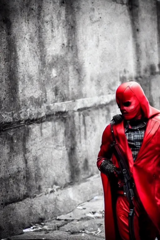 Image similar to red hood cosplay, creepy, disturbing, bloody