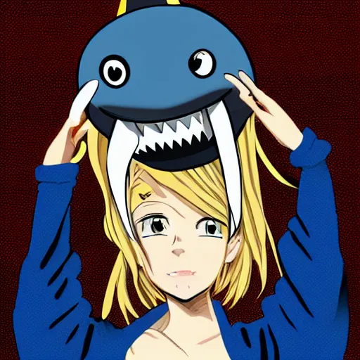 Image similar to a blonde girl in a black hoodie holding a blue shark stuffed animal, anime style digital art