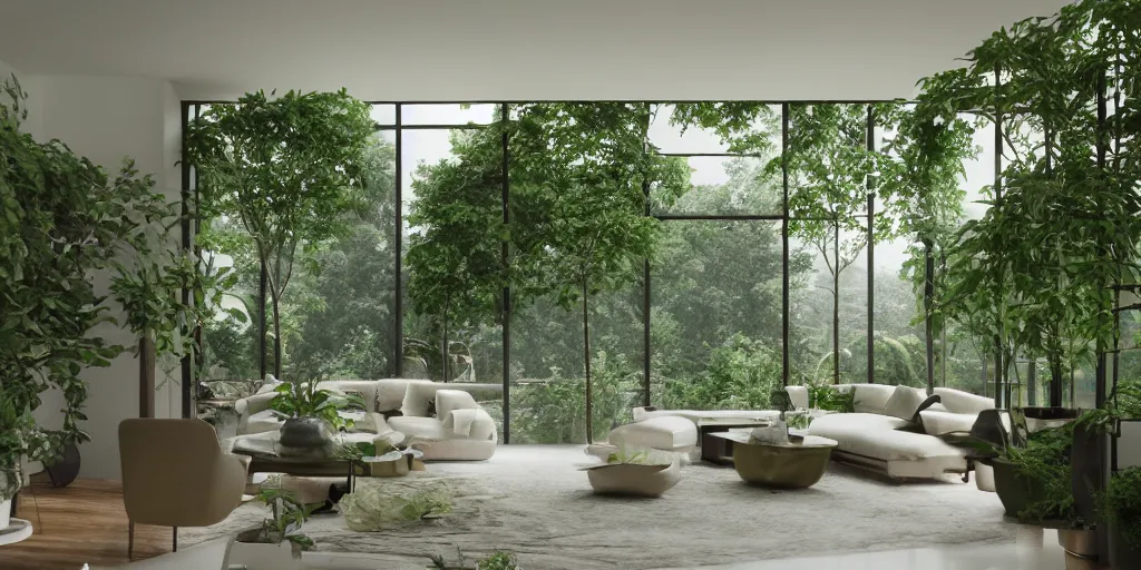 Prompt: new york penthouse designed by Geoffrey Bawa, greenery, plants, pond, concept, octane rendering