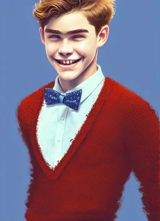 Image similar to portrait of teenage archie andrews, freckles, curly middle part haircut, curly hair, middle part hairstyle, smiling kindly, wearing a bowtie and sweater vest, intricate, elegant, glowing lights, highly detailed, digital painting, artstation, concept art, smooth, sharp focus, illustration, art by wlop, mars ravelo and greg rutkowski