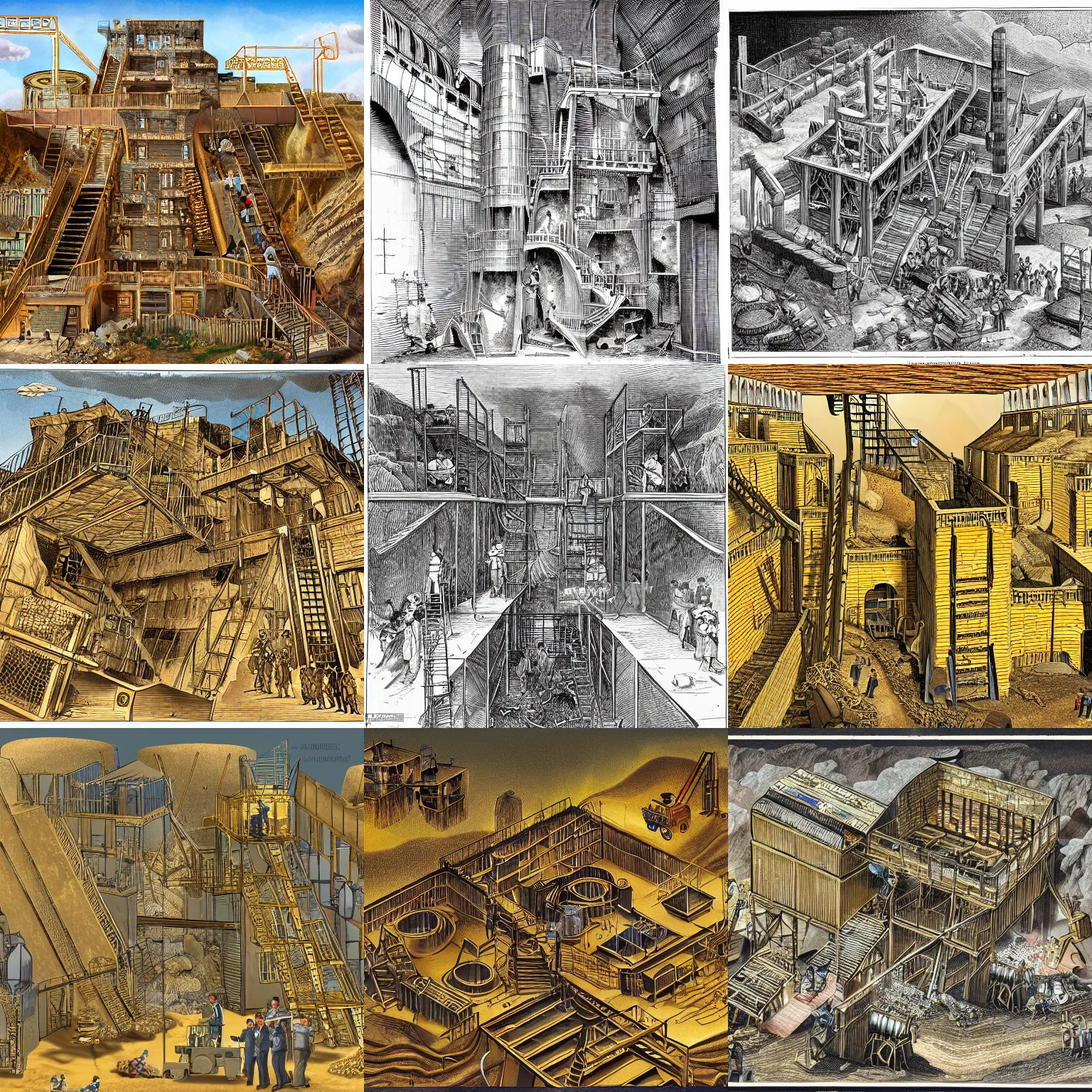 Prompt: an elaborate illustration of a cross sectional view of an intricate gold mining operation, mine shafts, many miners, chambers, doors, stairs and ladders depicted