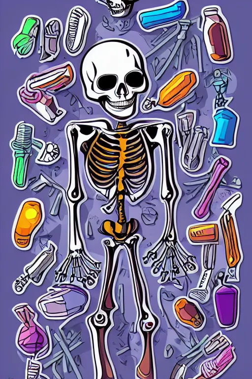 Image similar to Drug addict skeleton, sticker, andromorphic, colorful, illustration, highly detailed, simple, smooth and clean vector curves, no jagged lines, vector art, smooth