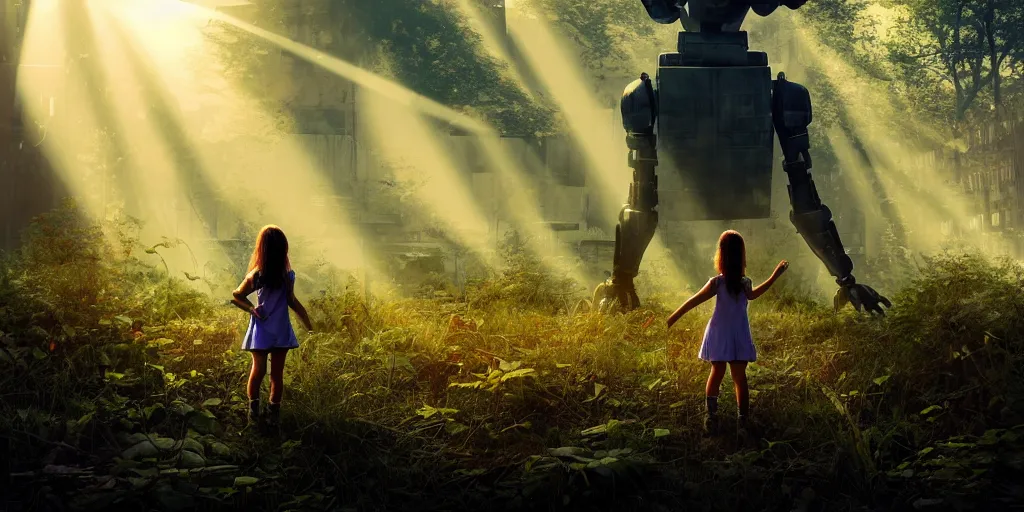 Image similar to textless sci - fi scene future overgrown new york city street, little girl alone in manhattan holding the left hand of giant robot, forest punk, crepuscular rays, epic scene, hyper realistic, photo realistic, overgrowth, cinematic atmosphere, ethereal lighting,