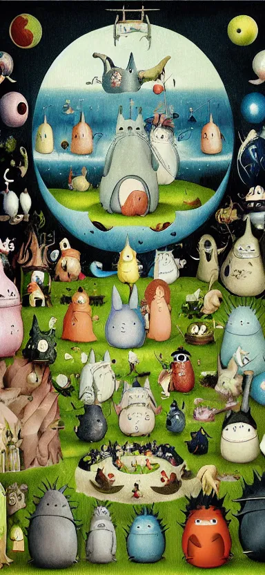 Image similar to garden of earthly delights by studio ghibli. digital painting. totoro. digital render. hieronymus bosch