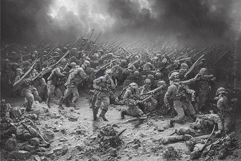 Image similar to highly detailed painting of world war 2, symmetrical, masterpiece, highly detailed painting by gustave dore