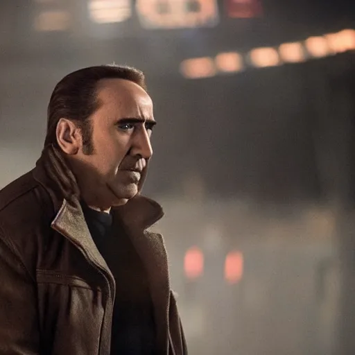 Prompt: production still of Nicolas Cage in Blade Runner 2049