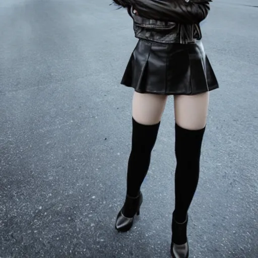 Image similar to a dynamic, epic cinematic 8K HD movie shot of a japanese young J-Pop idol girl wearing leather jacket, miniskirt, nylon tights and high heels boots. Motion, VFX, Inspirational arthouse