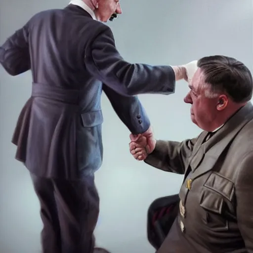 Image similar to hyperrealistic mixed media high resolution painting of James Franco disguised as Adolf Hitler shaking hands with John Goodman, stunning 3d render inspired art by István Sándorfi and Greg Rutkowski and Unreal Engine, perfect facial symmetry, dim volumetric lighting, 8k octane beautifully detailed render, full body shot, post-processing, extremely hyper-detailed, intricate, epic composition, highly detailed attributes, highly detailed atmosphere, cinematic lighting, masterpiece, trending on artstation, very very detailed, masterpiece, stunning, flawless structure, lifelike texture, perfection,