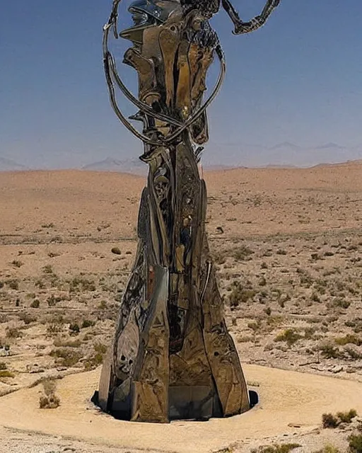 Image similar to strange cyberpunk pagan giant monument in the middle of the desert by dali and bosch and moebius