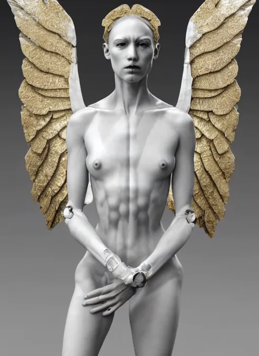 Image similar to a statue made of white marble with gold veins, of an beautiful gorgeous futuristic cybernetic angel girl, prostheses, transhumanism, full body shot, perfect symmetrical body, perfect symmetrical face, hyper realistic, hyper detailed, by johannen voss, by peter kemp, by monia merlo, by michelangelo, octane render, blender, 8 k