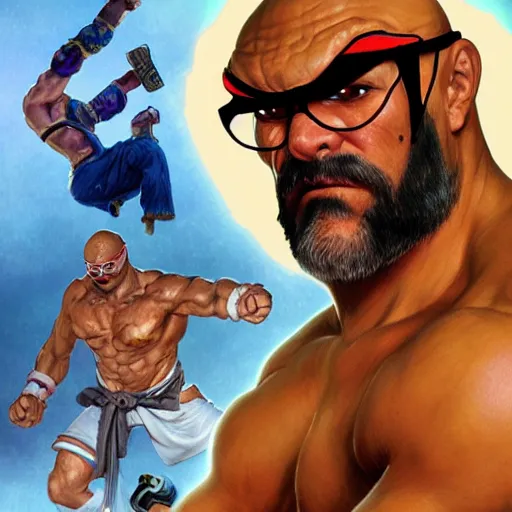 Image similar to david cross as sagat street fighter, wearing one eye patch, 4 k, ultra realistic, detailed focused art by artgerm and greg rutkowski and alphonse mucha