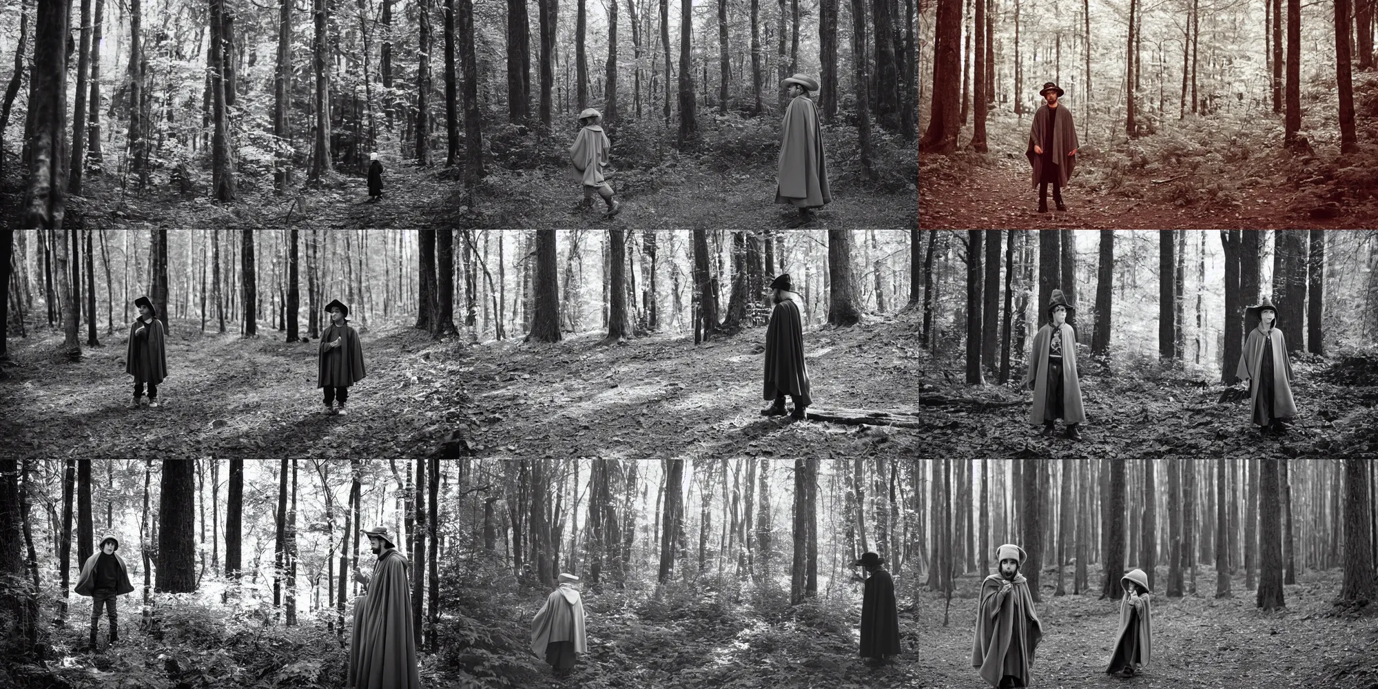 Prompt: Young Ringo Star dressed in gray cloak and gray wizards hat, in a forest, 35mm film