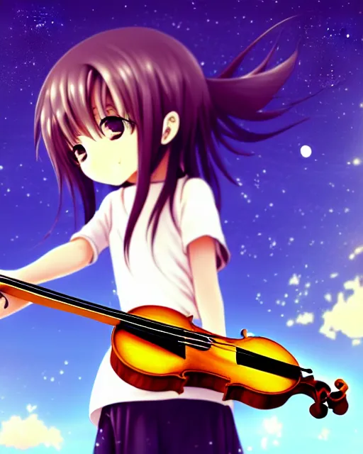 Prompt: anime style, chibi, full body, a cute girl with white skin and golden long wavy hair holding a violin and playing a song, heavenly, stunning, modern art, lunar time, trending art, sharp focus, centered, landscape shot, happy, fleeting dream, simple background, studio ghibly makoto shinkai yuji yamaguchi, by wlop