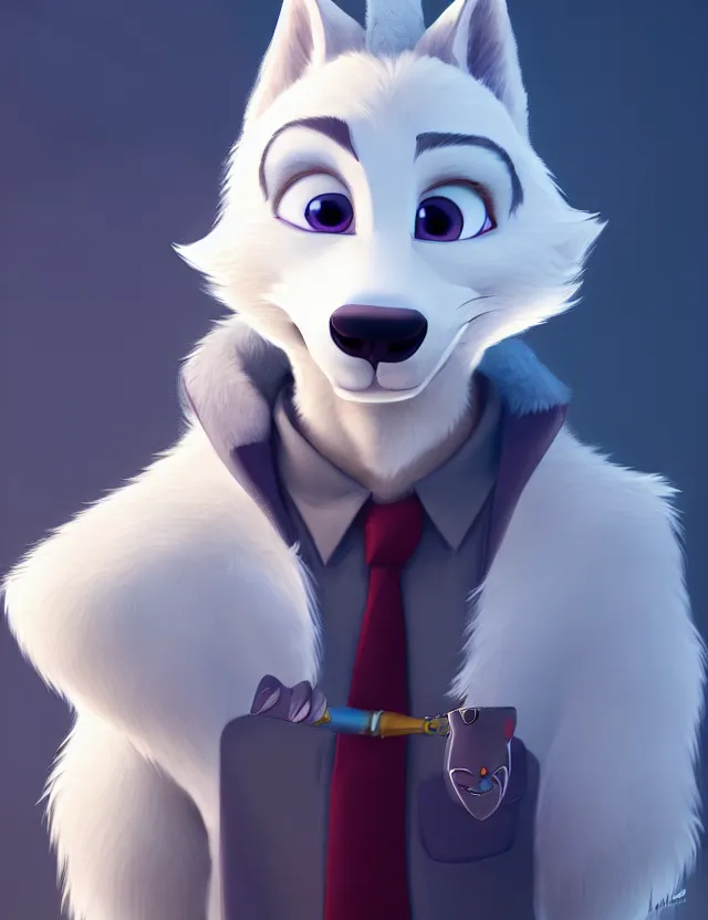 Image similar to portrait of cute male anthropomorphic white wolf in the style of zootopia in cyberpunk city, volumetric light, artstation, concept art, 8 k, high detail, perfect