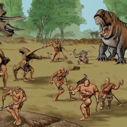 Image similar to A large dinosaur! fighting with several realistic detailed cavemen with proportioned bodies, next to the dinosaur are cavemen, the cavemen are armed with spears, the caveman are in a fighting stance, the cavemen are wearing animal furs, one caveman is stabbing the dinosaur with his spear, one caveman is cowering in fear, coarse canvas, visible brushstrokes, intricate, extremely detailed painting by William Turner (and by Greg Rutkowski)