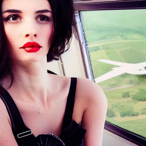 Image similar to a beautiful dark - haired girl smoking while looking out of an aeroplane window hq extremely detailed photo