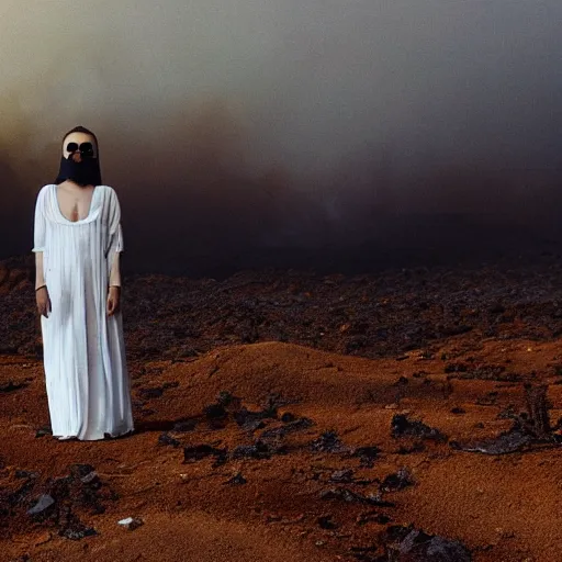 Image similar to The full body shot of beautiful pale woman with white flowers and full-face golden mask inside a thick black smoke in rocky desert landscape, glowing eyes everywhere, burning earth by Gaspar Noe and Christopher Doyle, anamorphic lens, anamorphic lens flares, kodakchrome, cinematic composition, practical effects, award winning photo, 8k