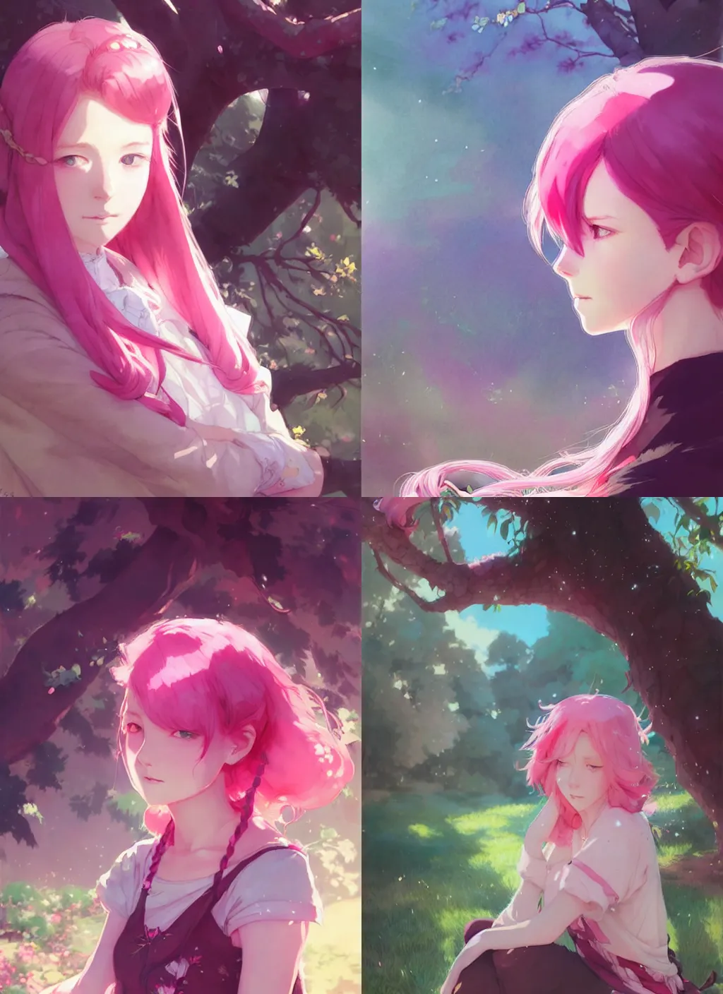 Prompt: portrait of a girl with pink hair rest under the tree, illustration, top lighting, perfect shadow, leaning towards watercolor, art by hidari and krenz cushart and wenjun lin