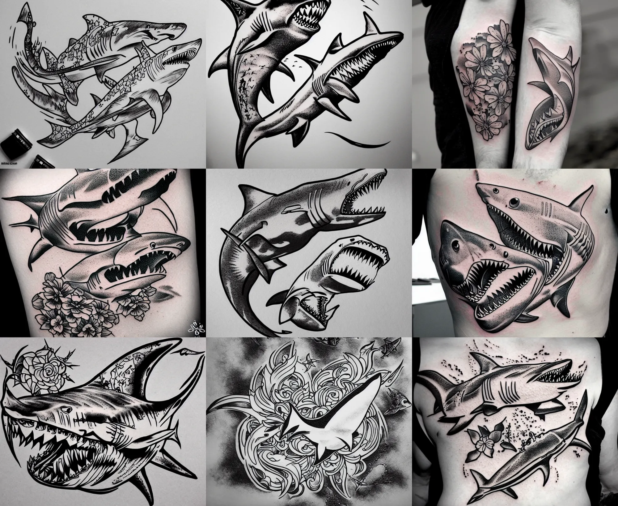 Prompt: detailed amazing tattoo stencil of a floral shark hunting