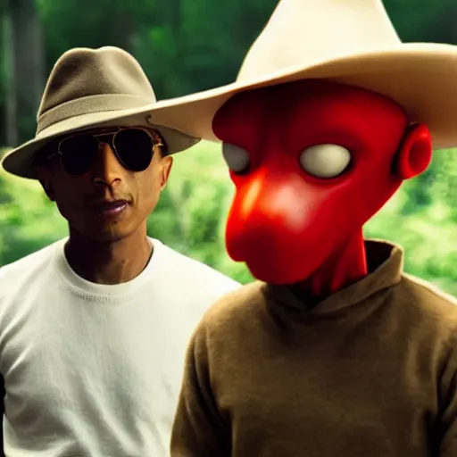 Image similar to cinematic film still of Pharrell Williams Making A Beat with an anthropomorphic alien, Japanese VFX, 2018, 400mm lens, f1.8, shallow depth of field,film photography