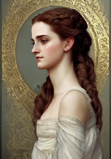 Image similar to sansa emma watson snow, intricate, elegant, highly detailed, digital painting, artstation, concept art, smooth, sharp focus, illustration, art by artgerm and greg rutkowski and alphonse mucha and william - adolphe bouguereau