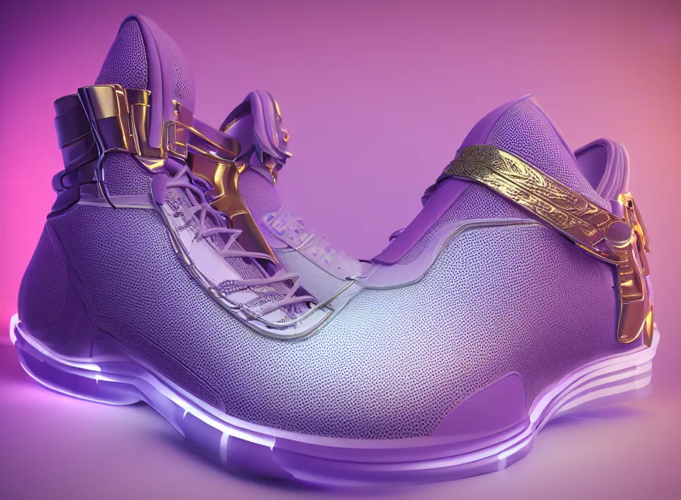 Image similar to realistic 3 d render of a futuristic sneaker, beautiful studio lighting, soft, sharp focus, neon glowing lines, intricate detail, purple and blue leather, soft white rubber, shiny plastic, hexagon mesh, gold filigree, octane render, side view, close up, trending on artstation, deviantart, nike, reebok, salomon