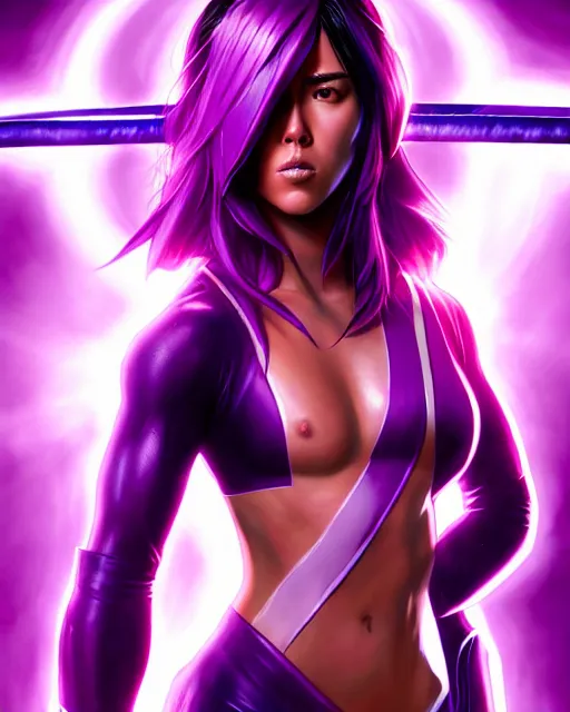 Image similar to Psylocke Chloe Bennet long hair, holding purple Halo energy sword, realistic character concept, action pose, comic book, illustration, slender symmetrical face and body, artstation, cinematic lighting, hyperdetailed, artgerm, 8k, Rafeal Albuquerque comic book art, single face, insanely detailed and intricate, beautiful