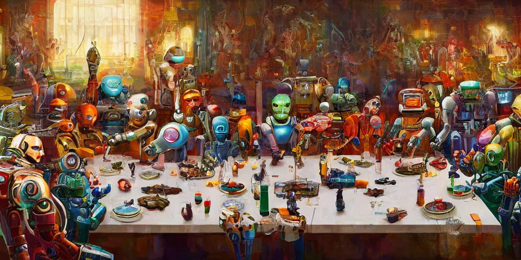 Prompt: robots sitting at a table in the style of the last supper, sci - fi, detailed, beautiful composition, masterpiece, artstation, vibrant colors, psychedelic, beautiful, sharp focus