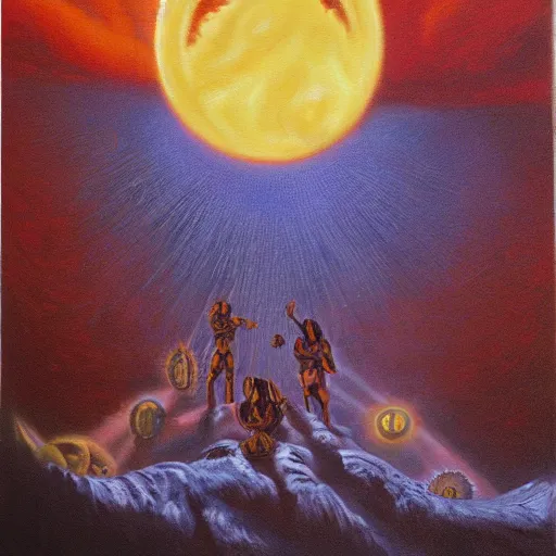 Image similar to the cult of the sun oil painting