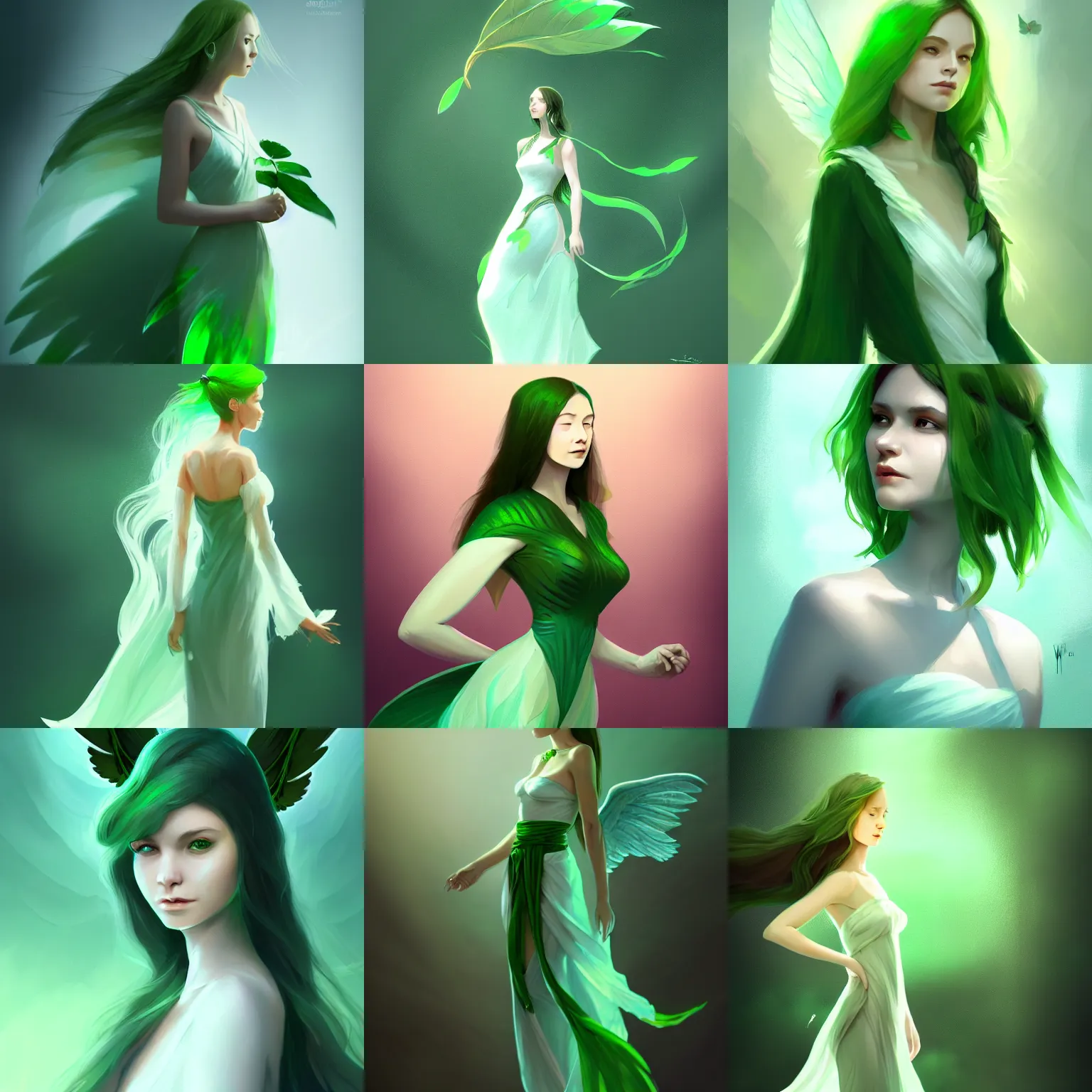 Prompt: a girl with green leaves for wings. concept art by muggur, flowing white dress, smooth, sharp focus, artstation contest winner, fantasy, 2 d game, tarot card