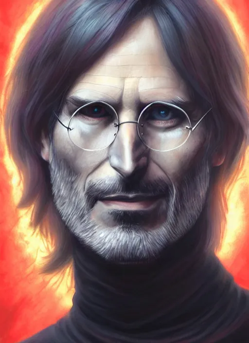 Image similar to Portrait of Steve Jobs, red glowing eyes, blue shaggy hair, male, fantasy,, extremely detailed, digital painting, artstation, concept art, smooth, sharp focus, illustration, stunning lighting, art by artgerm and greg rutkowski and alphonse mucha and simon stalenhag, realistic character concept, high fantasy, light atmosphere, golden ratio, cinematic lighting, hyperdetailed, high resolution, insanely detailed and intricate, face enhance, Marc Simonetti, Greg Rutkowski, 8k