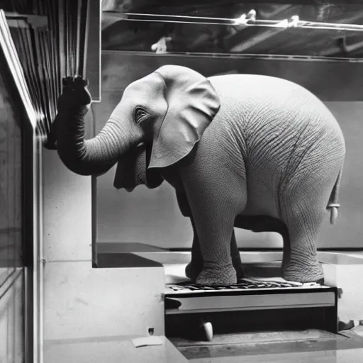 Prompt: Elephantlike robot taking a loaf of bread out of the oven, 1959, black and white photo, world's fair