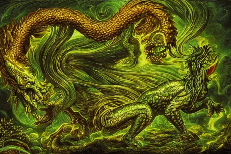 Prompt: a fearsome mythological basilisk made of glowing green matrix code, masterpiece rococo painting