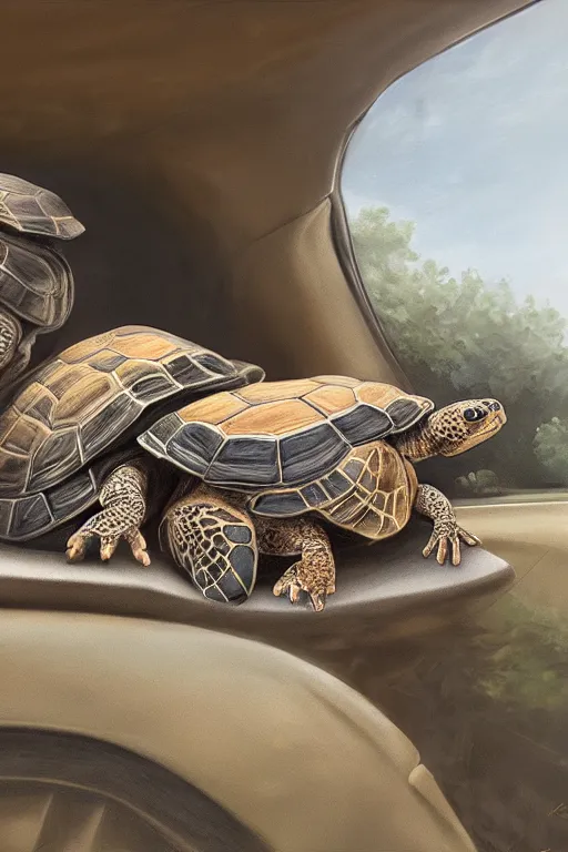 Image similar to tortoise kids crammed in the back of a car, roadtrip, oil on canvas, intricate, 8k highly professionally detailed, HDR, CGsociety