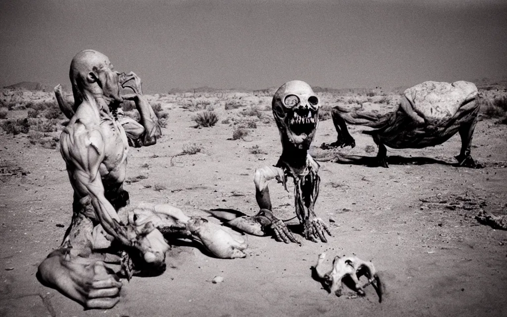 Image similar to in the desert a bloody gross horrifying The Thing creature made of muscle and bone and blood stares at the camera, eating, mid day, 35mm photography, realistic,