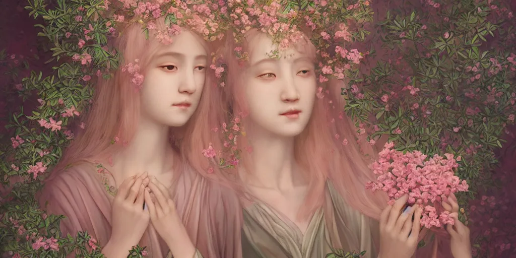 Image similar to breathtaking detailed weird concept art painting of few goddesses of light pink flowers, orthodox saint, with anxious, piercing eyes, ornate background, amalgamation of leaves and flowers, by Hsiao-Ron Cheng, extremely moody lighting, 8K