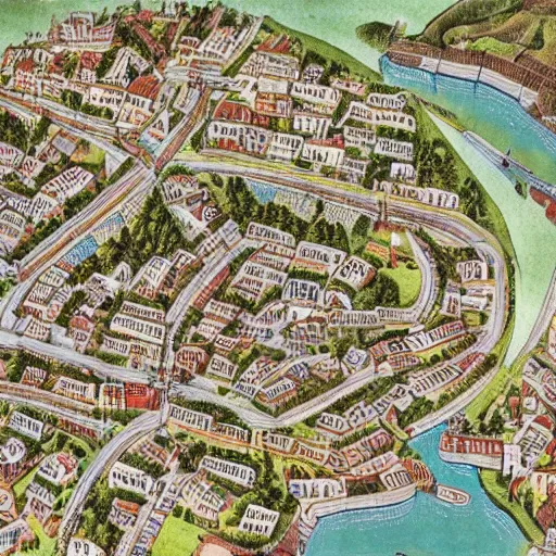 Image similar to map of bustling medieval town along a river, detailed