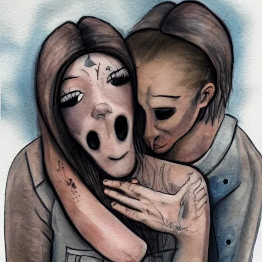 Image similar to Hot young woman, grey skin, void eyeballs, tattoos, wearing a leather jacket, hugging a shrouded person as they cry on her chest, comforting, touching, wholesome, art, watercolour, big sister, little brother, 4k