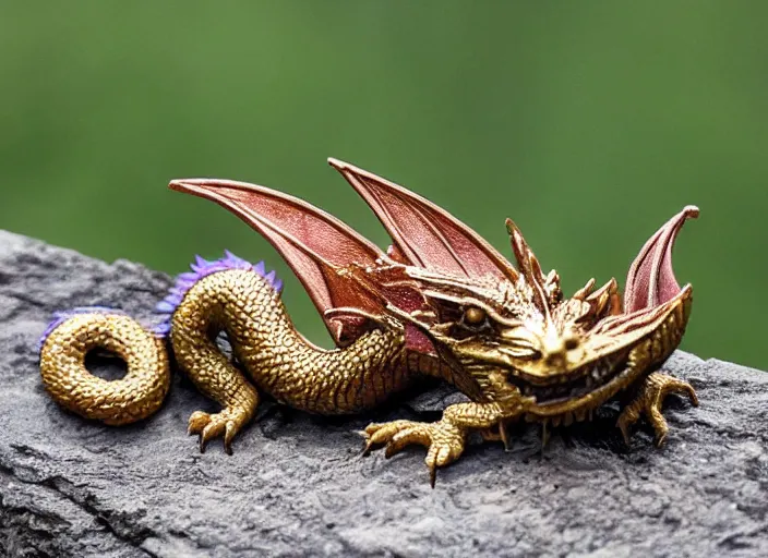 Prompt: A tiny cute purple and gold dragon lays down on its back, cute dragon looking up relaxing