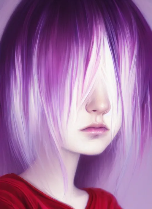 Image similar to hair whitebangs hair, black hair, whitebangs, portrait of teenage girl with white bangs, red irises, purple clothes, white bangs, bangs are different color from hair, intricate, elegant, glowing lights, highly detailed, digital painting, artstation, concept art, smooth, sharp focus, illustration, art by wlop, mars ravelo and greg rutkowski