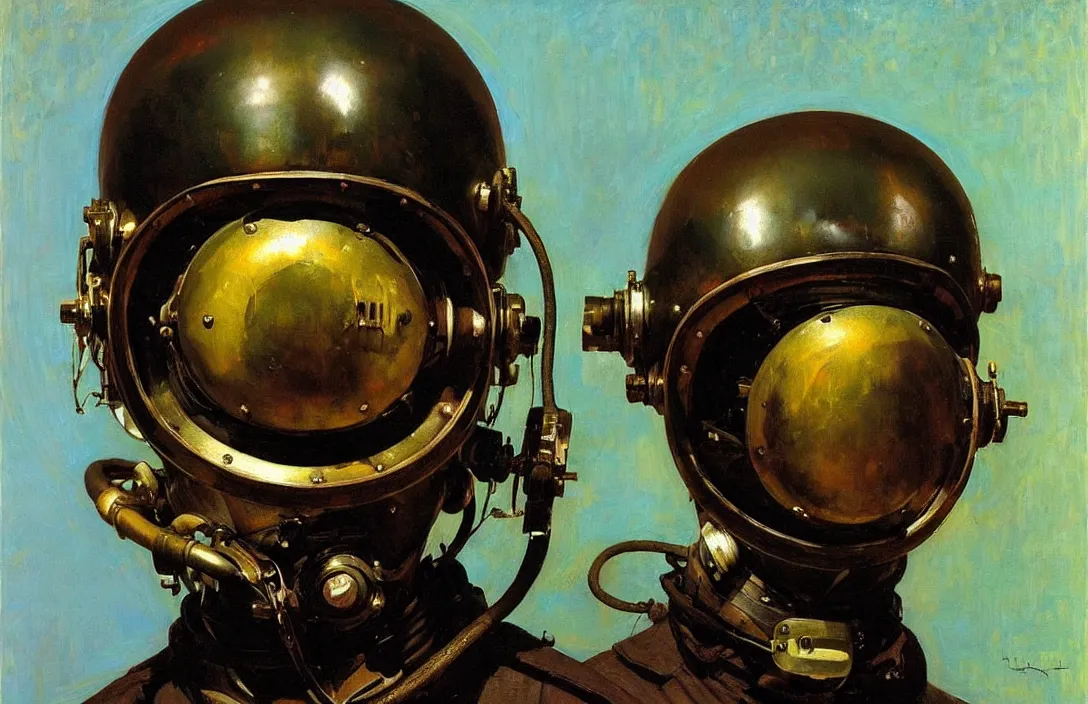 Image similar to portrait of deep sea diver helmet!!!!!!!!!!!!!!!!!!!!!!!!!!!, detailed face, detailed painting, epic lighting, by ilya repin, phil hale and kent williams