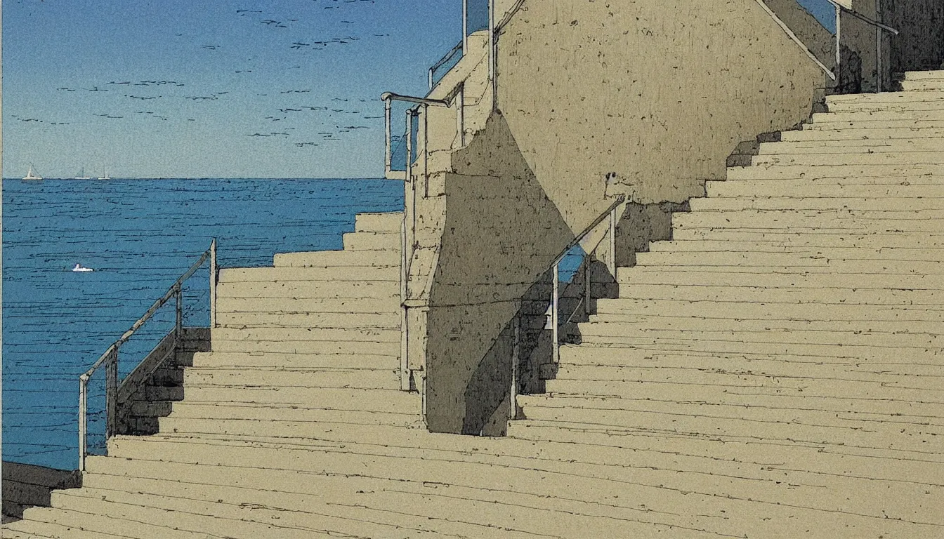 Image similar to walking down the stairs to the ocean, moebius