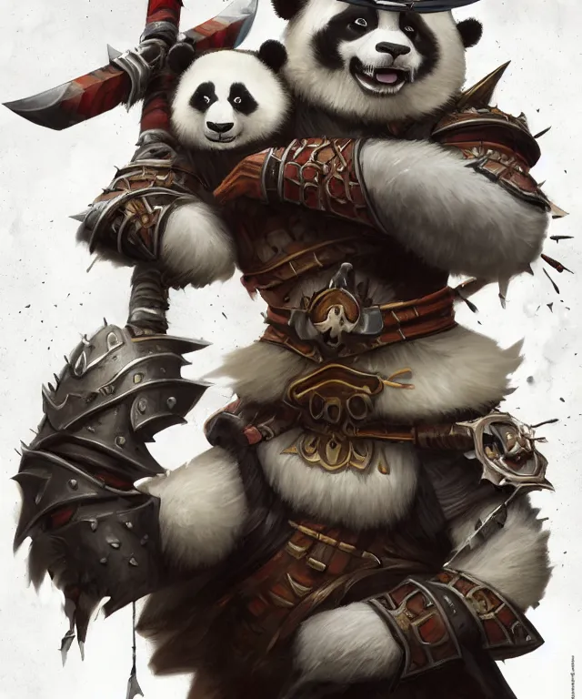 Prompt: a portrait an anthropomorphic panda samurai holding a katana, wearing armor with spiked shoulders, landscape in background, dnd character art portrait, world of warcraft style, by peter mohrbacher, cinematic lighting