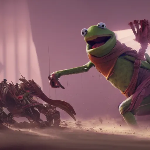 Prompt: a still of kermit the frog in avengers movie, cory loftis, fenghua zhong, ryohei hase, ismail inceoglu and ruan jia. volumetric light, detailed, octane render, horizon zero dawn