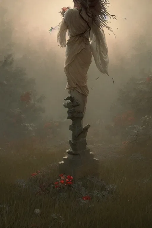 Image similar to The last spirit living in the cemetery, flowers, illustrated by Greg Rutkowski and Caspar David Friedrich., Trending on artstation, artstationHD, artstationHQ, 4k, 8k