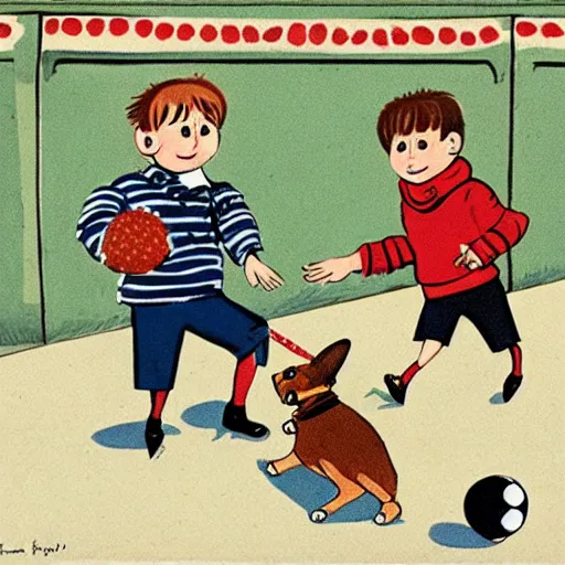 Prompt: book illustration of a french boy on the streets of paris playing football against a corgi, the dog is wearing a polka dot scarf, 1 9 6 6