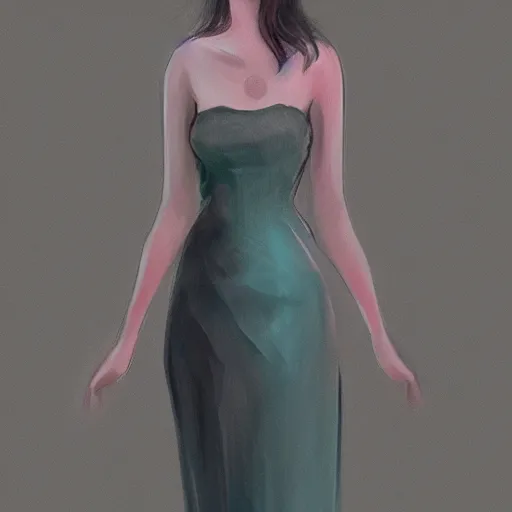 Image similar to A woman wearing a dress, ArtStation trending, detailed, digital art, calm colors,