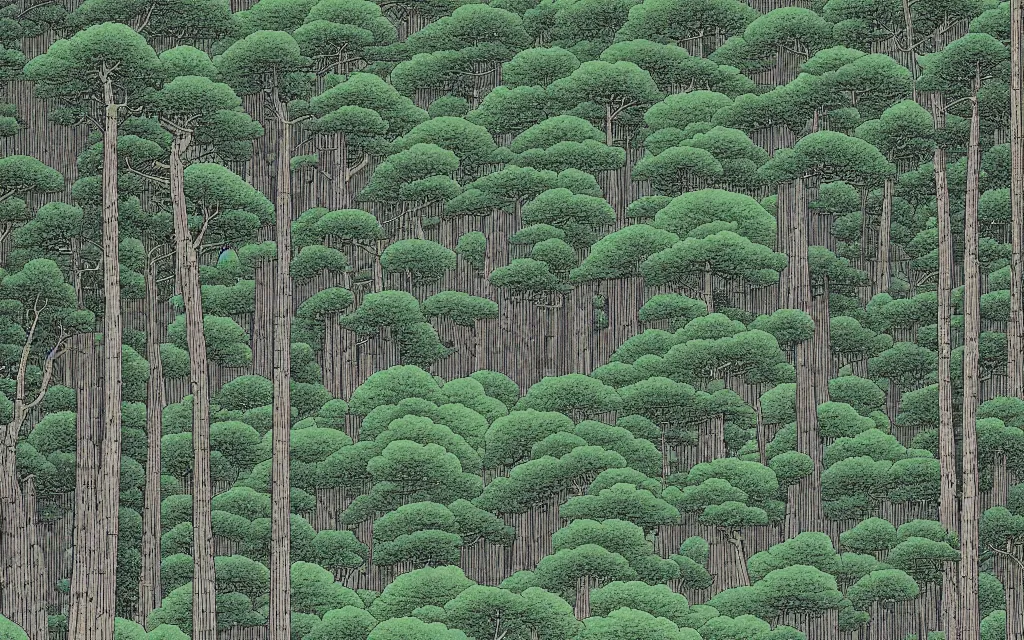 Prompt: a sprawling landscape covered in tall trees, in the style of kawase hasui