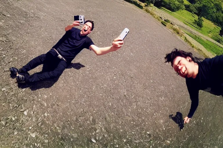 Prompt: taking selfie while falling down